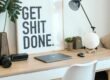 brown and white wooden desk with chair and laptop